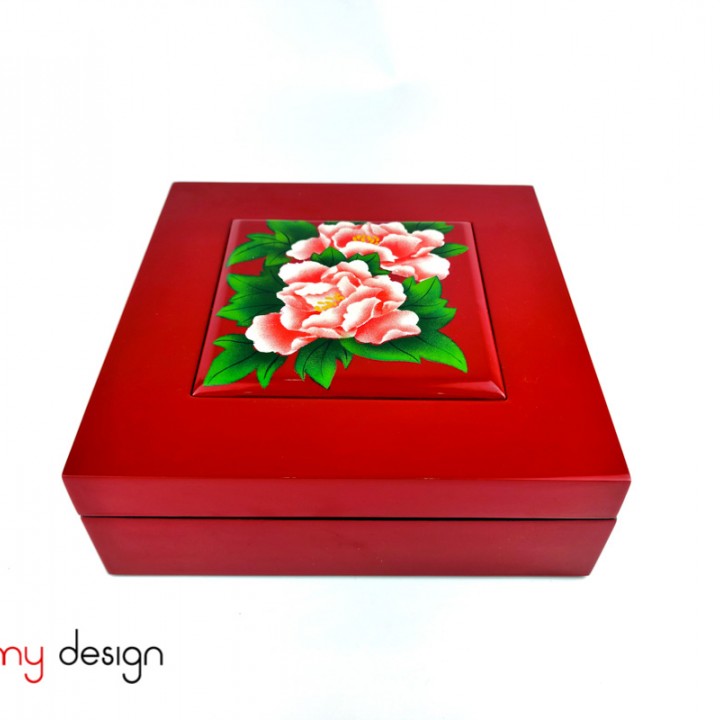 Red square lacquer box with convex lid with hand-painted peony 25 cm